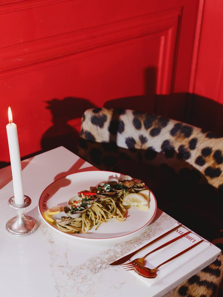 Squid ink pasta on the leopard chair