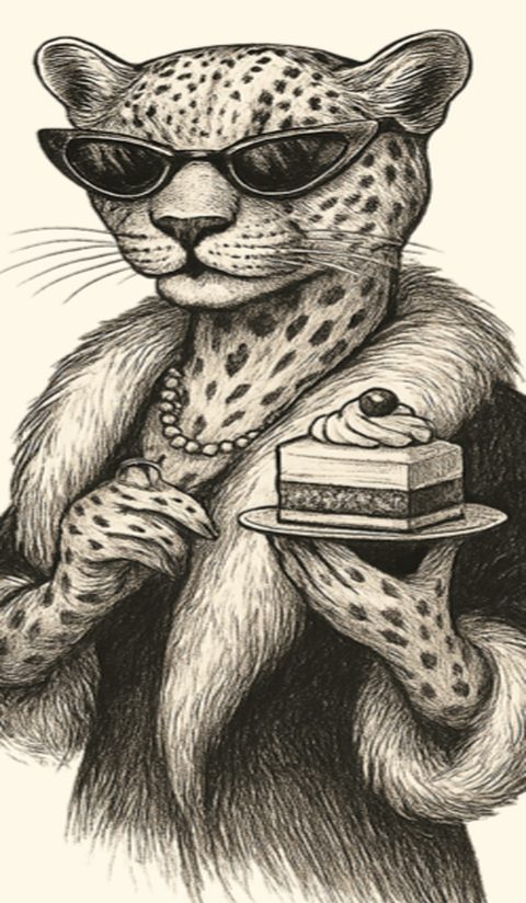 The Libertino leopard with a slice of cake