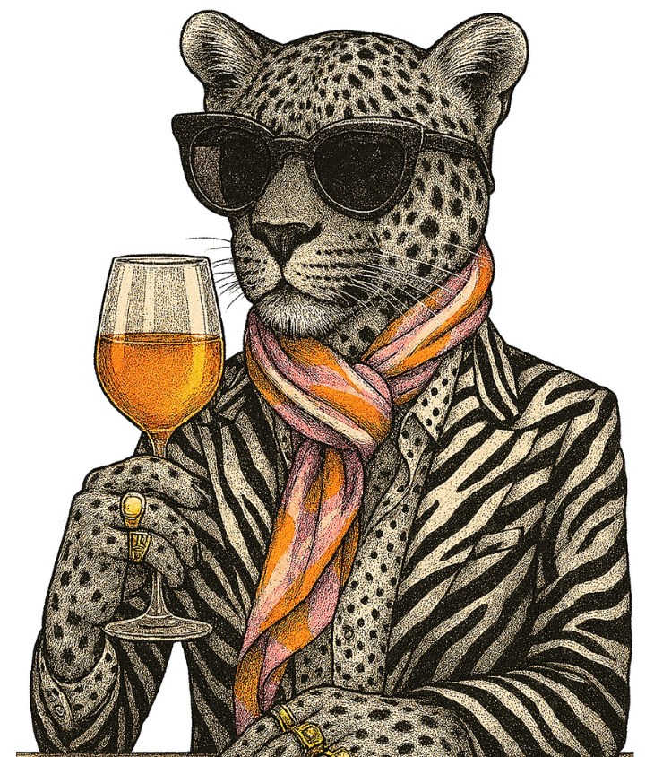 Our leopard in sunglasses and a zebra suit, holding a glass of orange wine