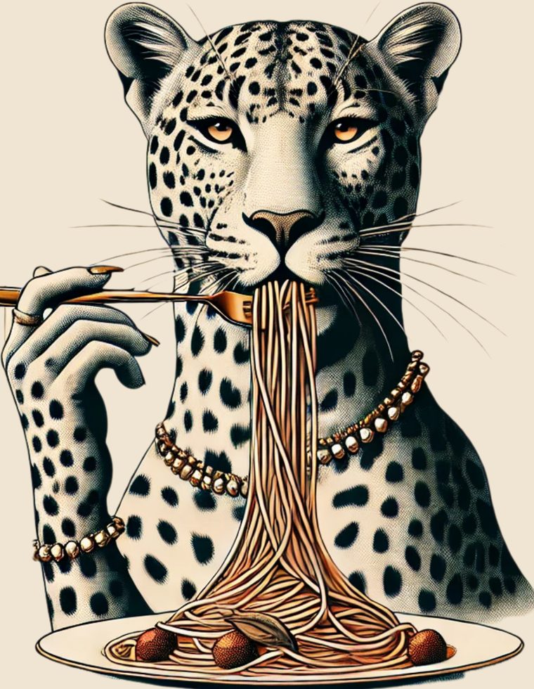 The Libertino leopard eating spaghetti