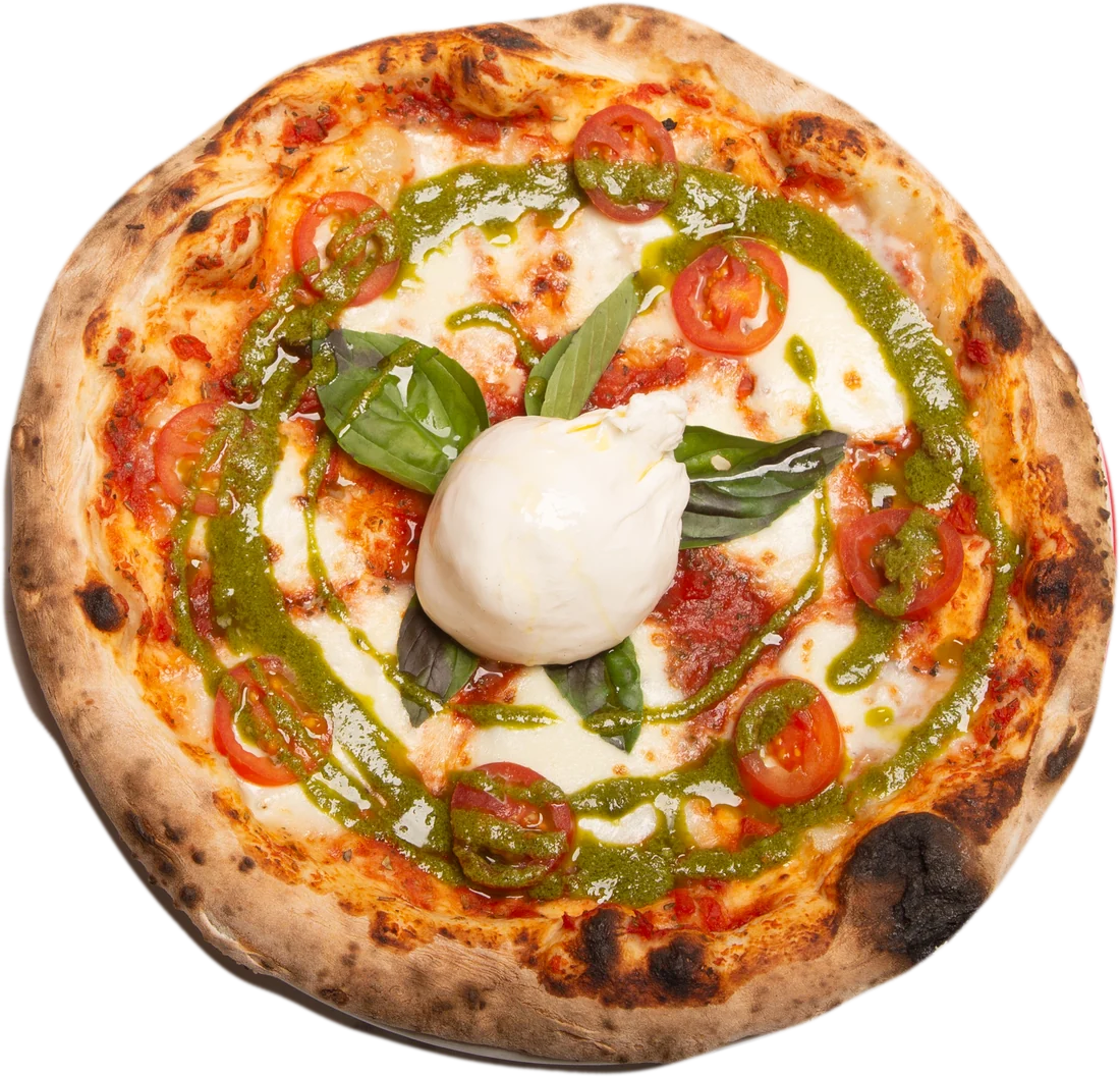 A Neapolitan pizza with burrata, pesto, cherry tomatoes and basil, the crust blistered and charred